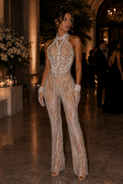 Jessica Bara Feral Halter Pearl Beaded Jumpsuit with Gloves