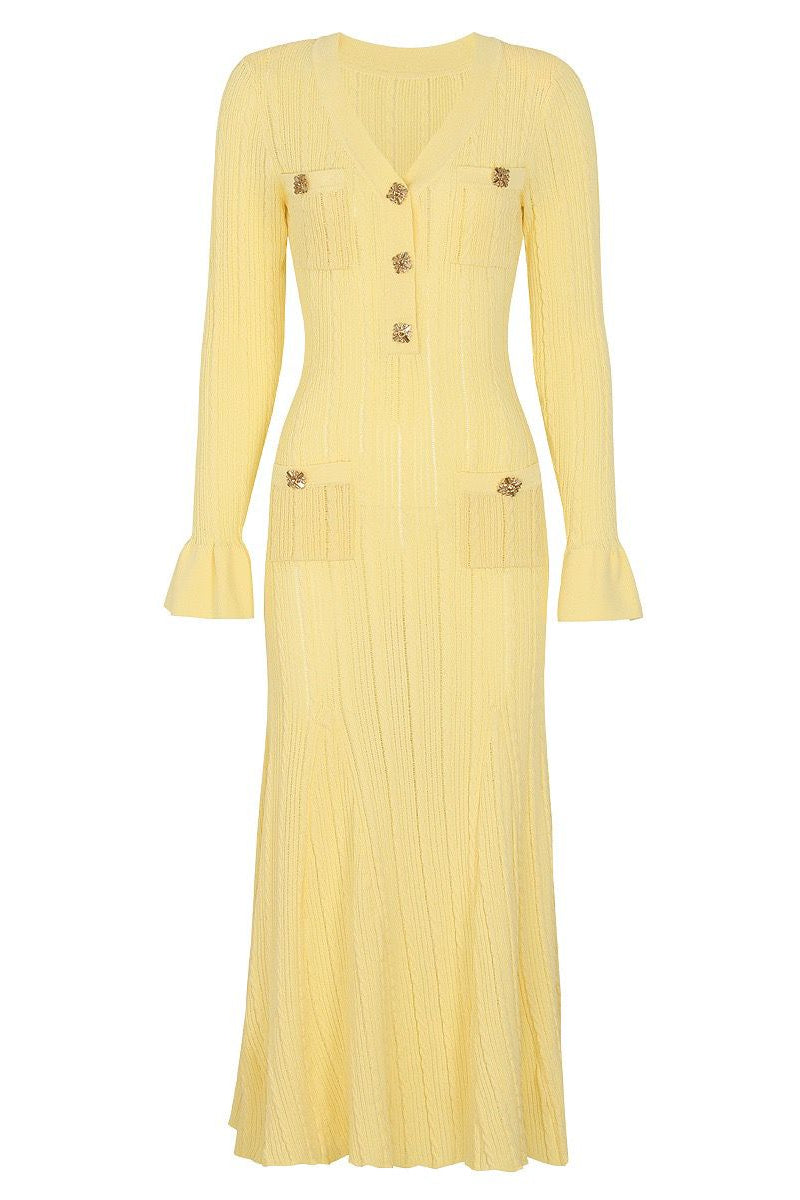Jessica Bara Fezara Gold Button Long Sleeve Maxi Dress