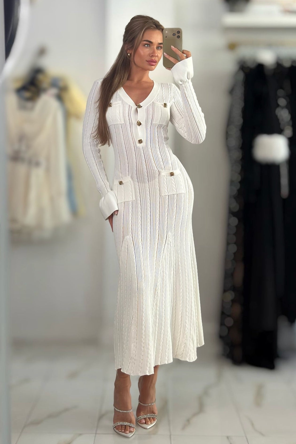 Jessica Bara Fezara Gold Button Long Sleeve Maxi Dress