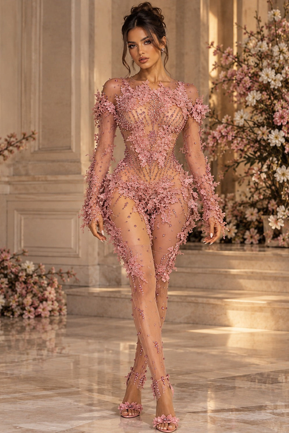 Jessica Bara Fienna Rhinestone Lace Long Sleeve Jumpsuit