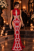 Jessica Bara Gavera Crystal High Neck Cut Out Side Slit Gown