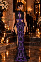 Jessica Bara Gavera Crystal High Neck Cut Out Side Slit Gown
