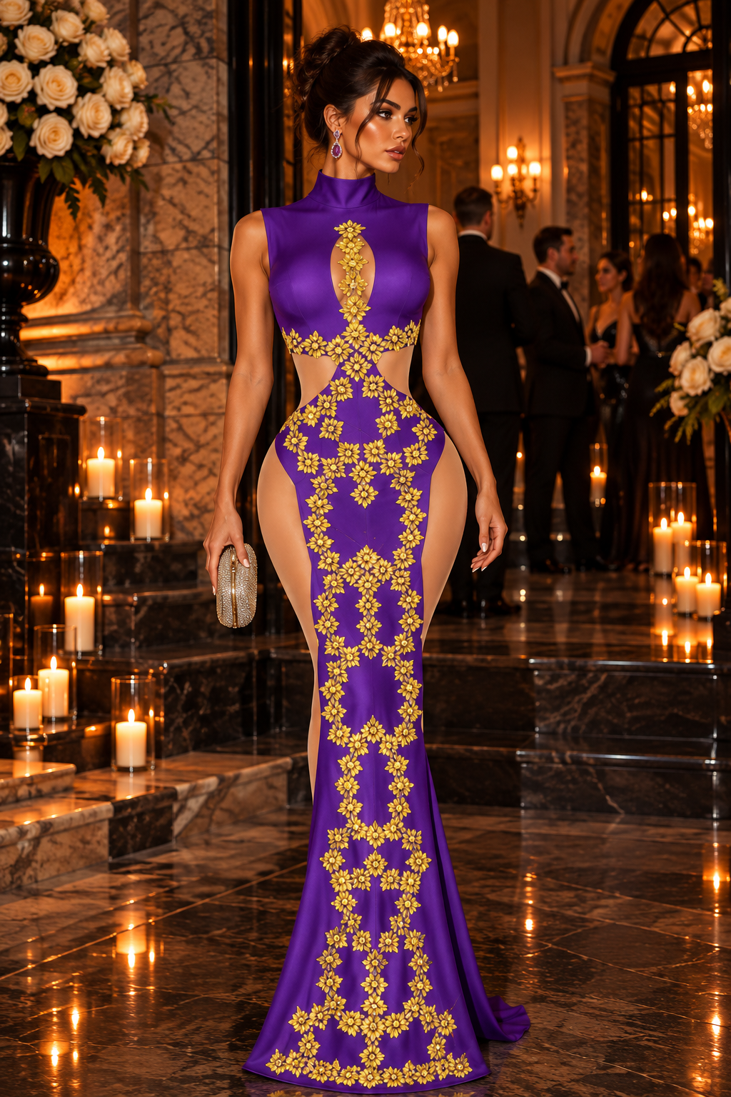 Jessica Bara Gavera Crystal High Neck Cut Out Side Slit Gown