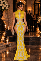 Jessica Bara Gavera Crystal High Neck Cut Out Side Slit Gown