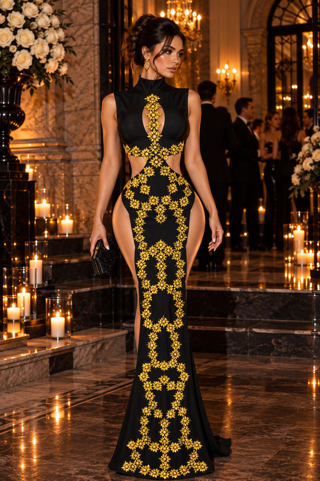 Jessica Bara Gavera Crystal High Neck Cut Out Side Slit Gown