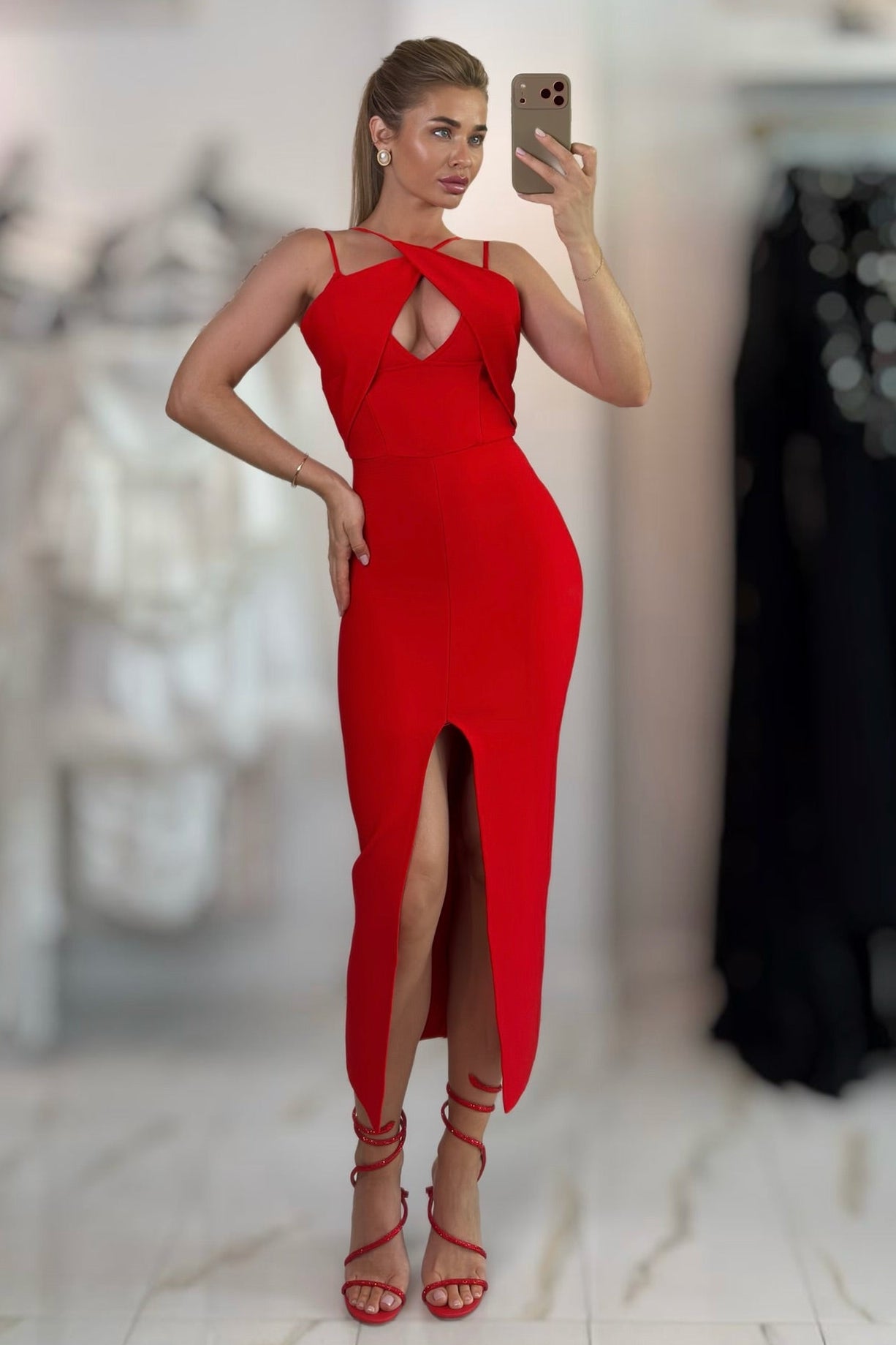 Jessica Bara Gezmar Cut Out Bandage Front Slit Maxi Dress