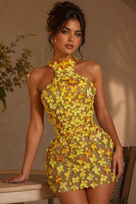 Jessica Bara Golden Floral Crystal Halter Neck Mesh Mini Dress