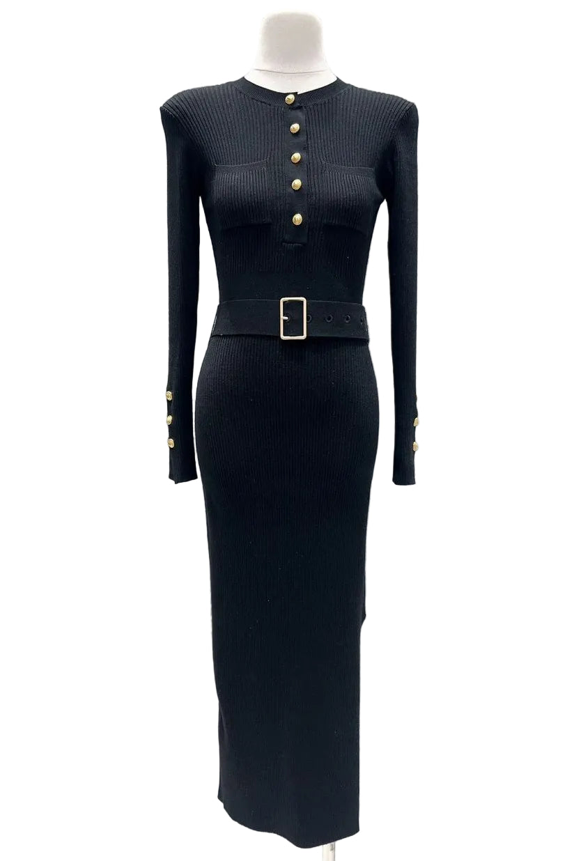Jessica Bara Hazin Gold Button Long Sleeve Belted Maxi Dress