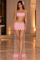 Jessica Bara Heicel Chain Fishnet Fringe Maxi Dress