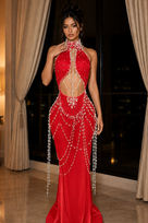 Jessica Bara Herenia Pearl Halter Neck Cut Out Gown