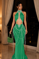 Jessica Bara Herenia Pearl Halter Neck Cut Out Gown