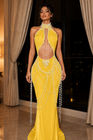 Jessica Bara Herenia Pearl Halter Neck Cut Out Gown