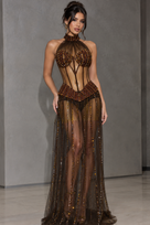 Jessica Bara Hexie Crystal Cut Out Halter Gown