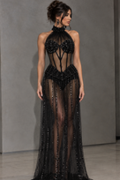 Jessica Bara Hexie Crystal Cut Out Halter Gown