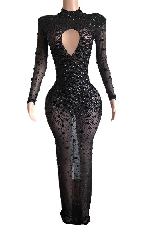 Jessica Bara Jacie Crystal High Neck Keyhole Long Sleeve Maxi Dress