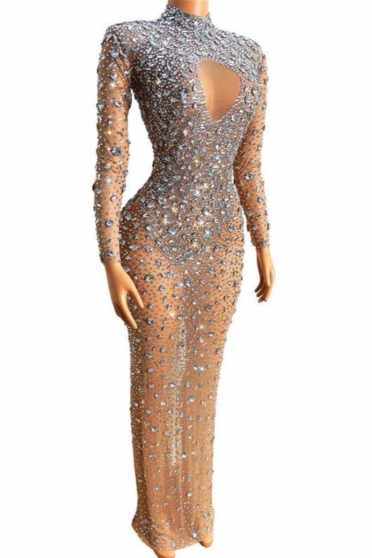 Jessica Bara Jacie Crystal High Neck Keyhole Long Sleeve Maxi Dress
