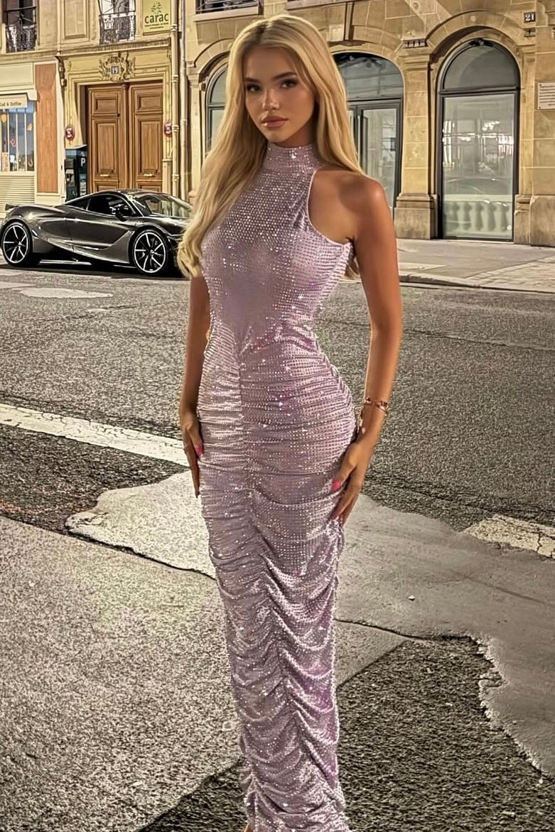 Jessica Bara Jara High Neck Halter Ruched Crystal Maxi Dress