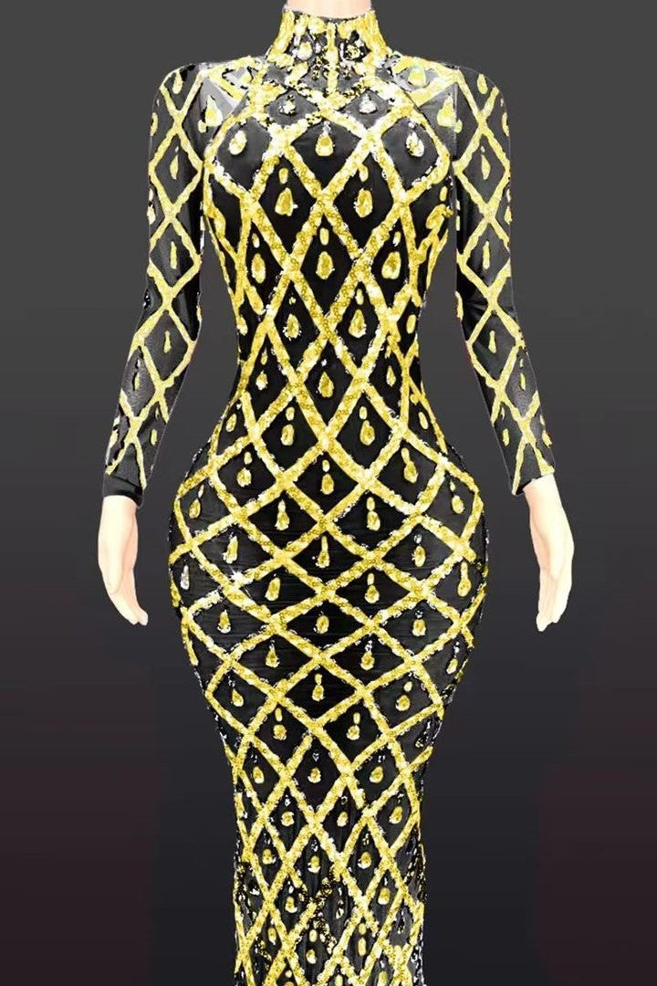 Jessica Bara Jasmeen Crystal Mesh Long Sleeve Maxi Dress