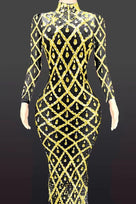 Jessica Bara Jasmeen Crystal Mesh Long Sleeve Maxi Dress