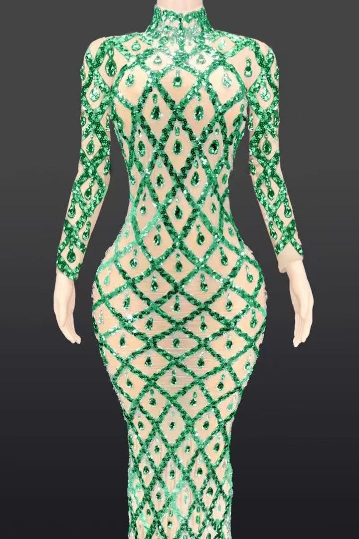 Jessica Bara Jasmeen Crystal Mesh Long Sleeve Maxi Dress