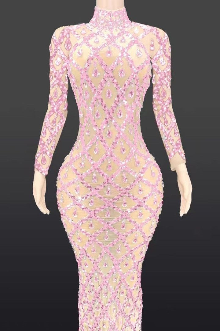 Jessica Bara Jasmeen Crystal Mesh Long Sleeve Maxi Dress