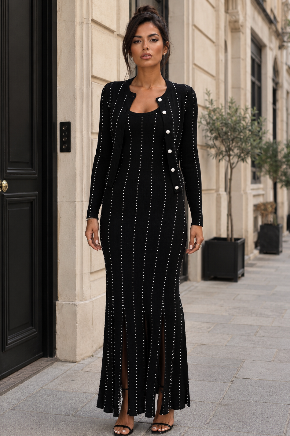 Jessica Bara Jecie Long Sleeve Cardigan and Fringe Maxi Dress Two Piece Set