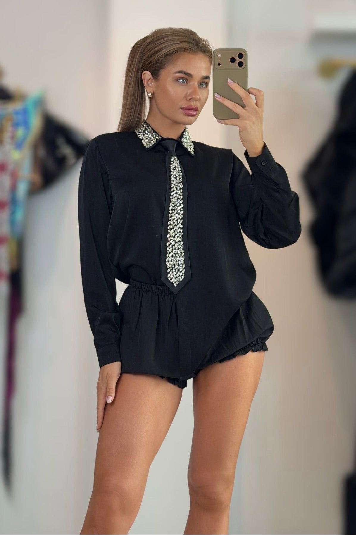 Jessica Bara Jessla Mens Blouse with Crystal Tie Top