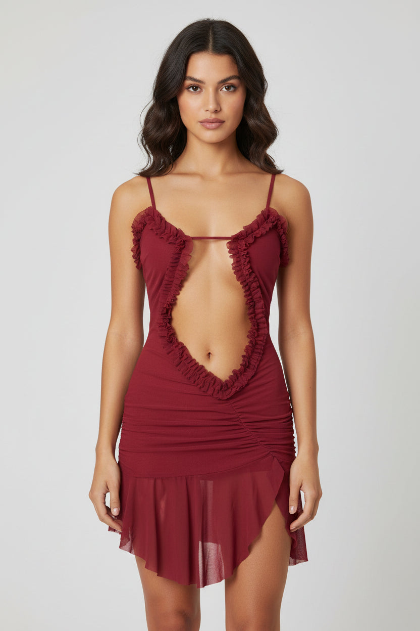 Jessica Bara Jillian Ruched Ruffle Deep V Neck Mini Dress