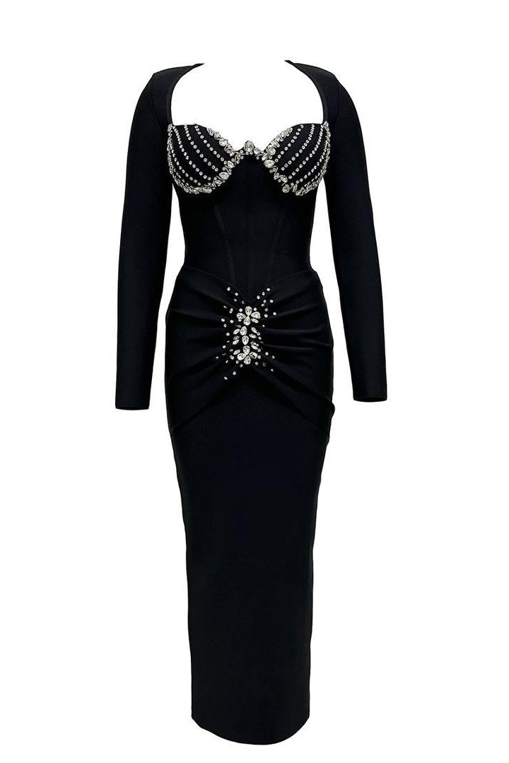 Jessica Bara Katalina Long Sleeve Corset Crystal Maxi Dress
