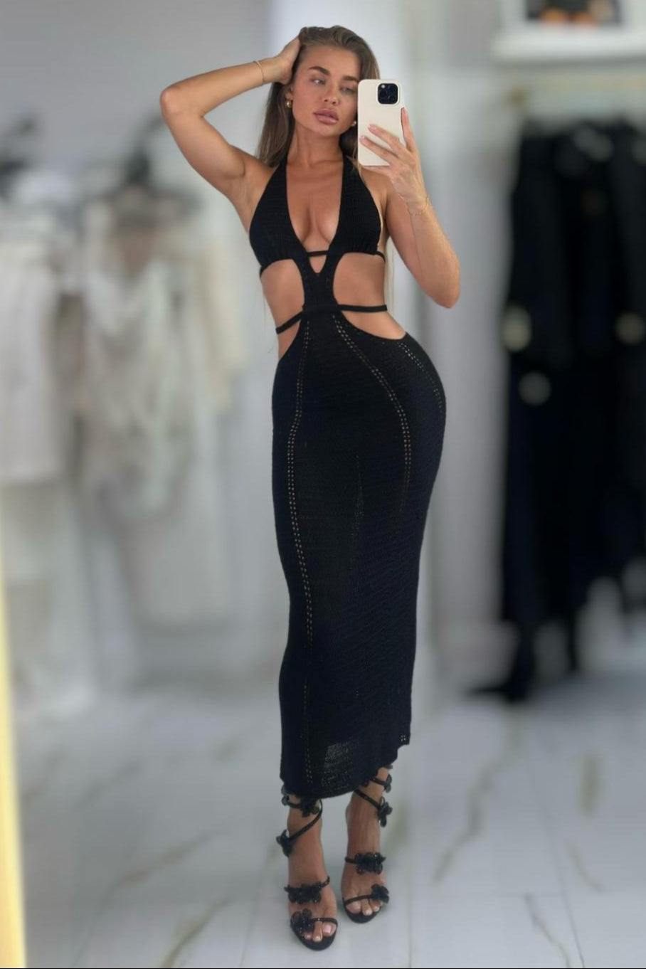 fitted lace wedding dress Jessica Bara Katana Crochet Halter Cut Out Maxi Dress – JESSICA BARA