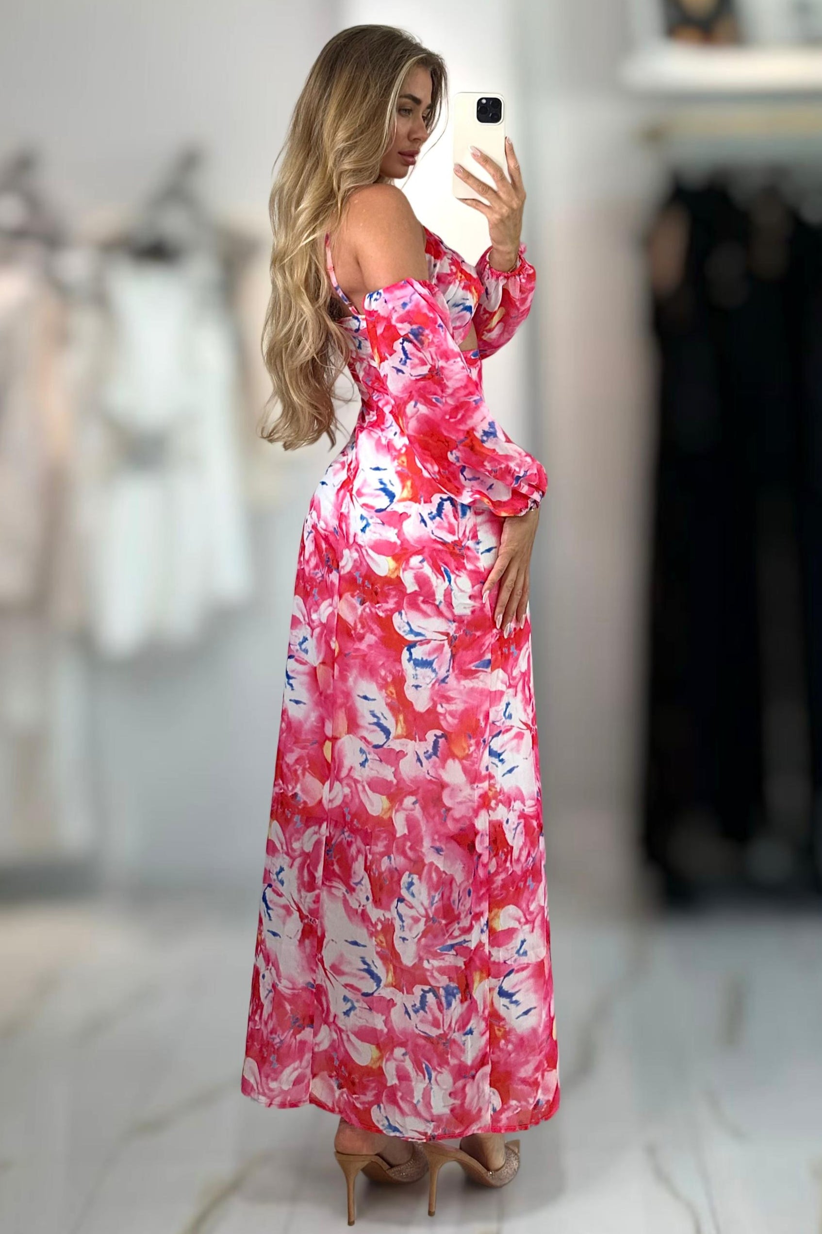 cut out maxi dress floral Jessica Bara Katnia Floral Open Shoulder Cut Out Maxi Dress