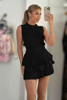 Jessica Bara Kavira Knit Collared Top and Ruffle Mini Skirt Two Piece Set