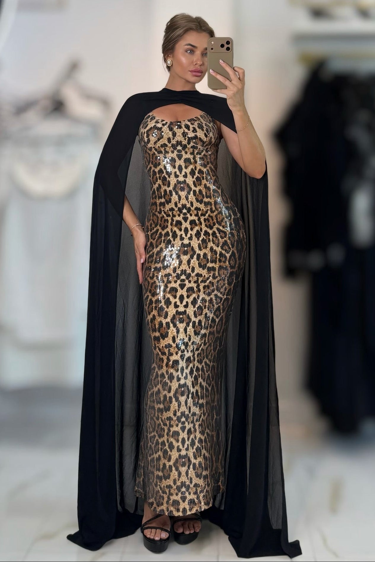 Jessica Bara Larela Sequin Cheetah Print Gown with Removable Cape