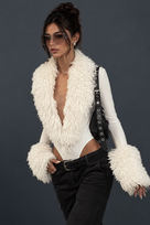 Jessica Bara Leumir Feather Deep V-Neck Long Sleeve Bodysuit