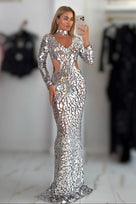 Jessica Bara Lezvar Sequin Cut Out Choker Long Sleeve Gown