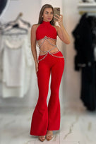 Jessica Bara Maldie Halter Crystal Top and Flare Pants Two Piece Set