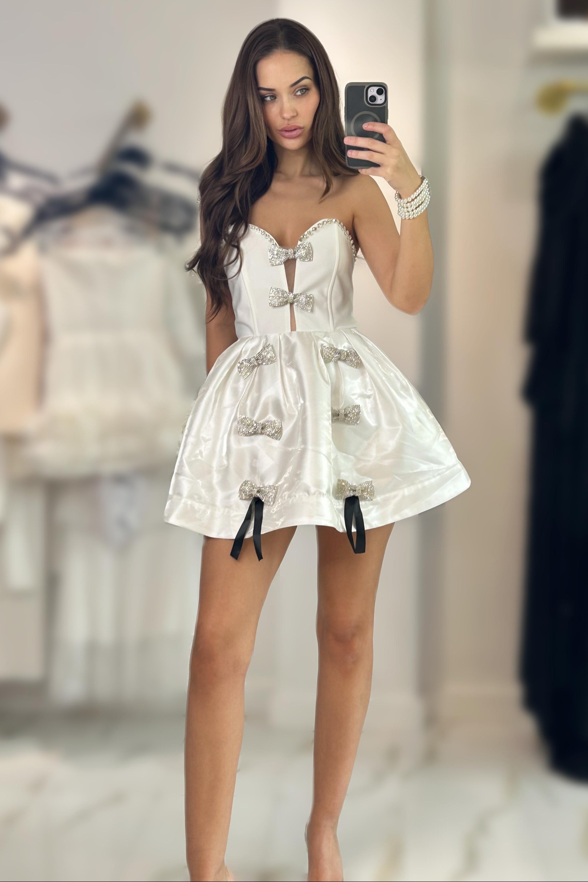 crystal bow mini dress Manetica Black Bow Mini Dress with Diamond Straps M