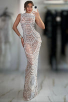 Jessica Bara Marimar Pearl Beaded High Neck Maxi Dress With Gloves