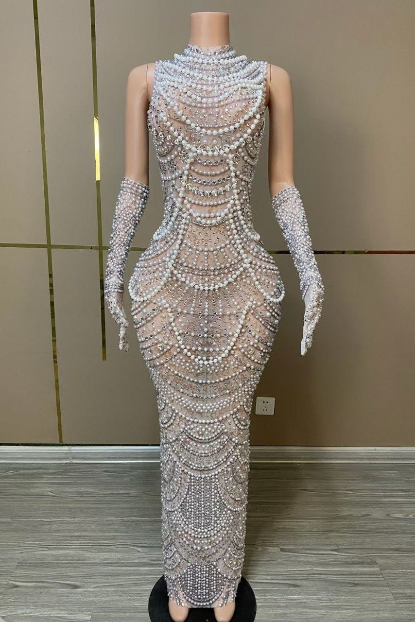 Jessica Bara Marimar Pearl Beaded High Neck Maxi Dress With Gloves Jessica Bara Marimar Pearl Beaded High Neck Maxi Dress With Gloves