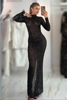 Jessica Bara Mariolla Crystal Long Sleeve High Neck Gown