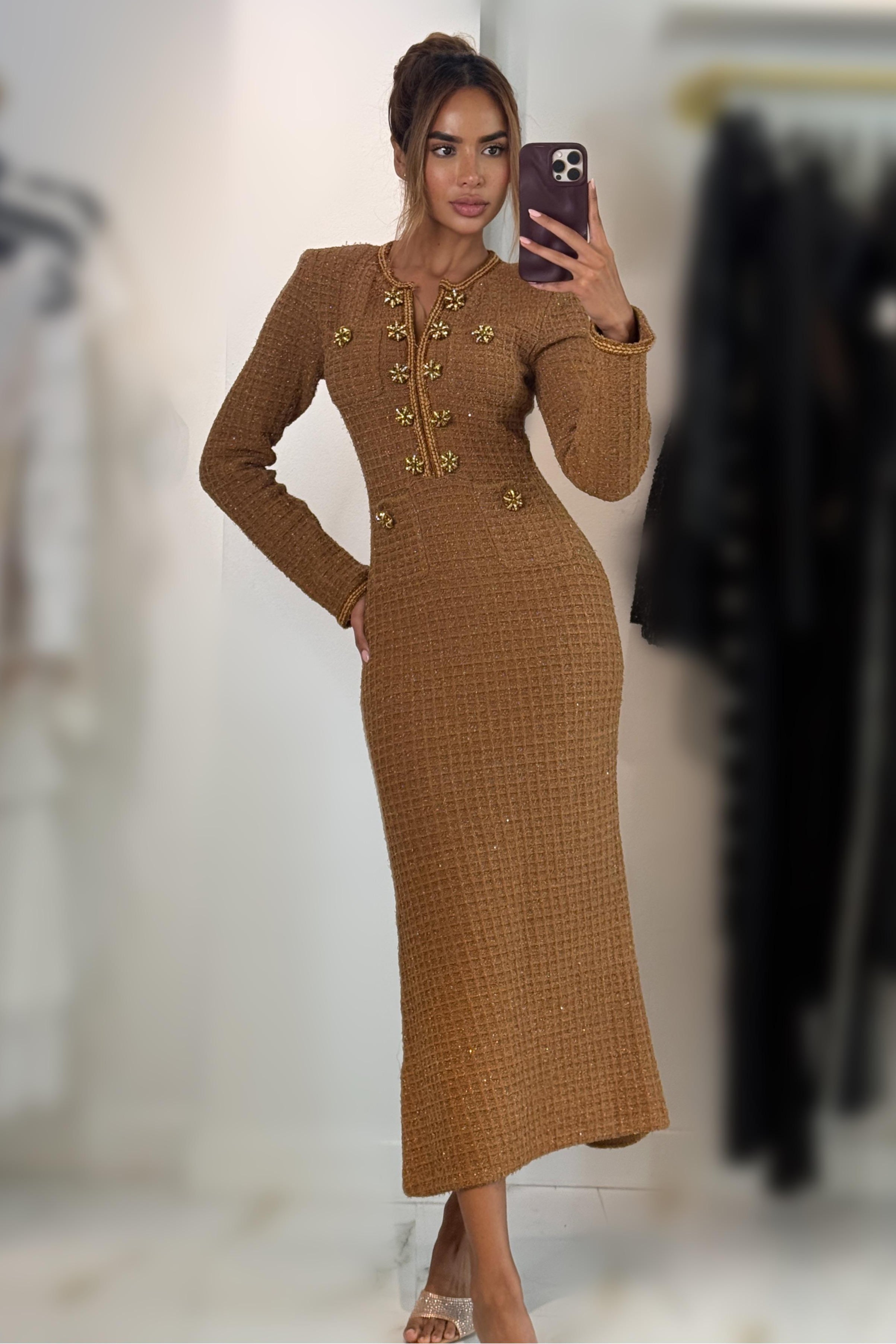 Jessica Bara Melonie Tweed Long Sleeve Maxi Dress Jessica Bara Melonie Tweed Long Sleeve Maxi Dress