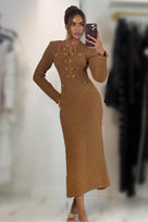 Jessica Bara Melonie Tweed Long Sleeve Maxi Dress