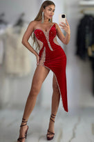 Jessica Bara Michele Rhinestone Asymmetric Slit Maxi Dress
