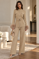 Jessica Bara Mione Fur Long Sleeve Top and Pants Two Piece Set