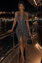 Jessica Bara Mirelle Rhinestone Halter Deep V-Neck Slit Maxi Dress