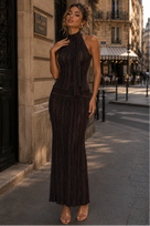 Jessica Bara Mulan Stripe Knit Halter Top and Maxi Skirt Two Piece Set