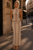Jessica Bara Mulan Stripe Knit Halter Top and Maxi Skirt Two Piece Set