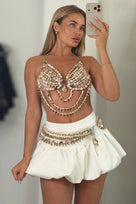Jessica Bara Nerina Shell Beaded Bra Top and Wrap Around Bottom Set