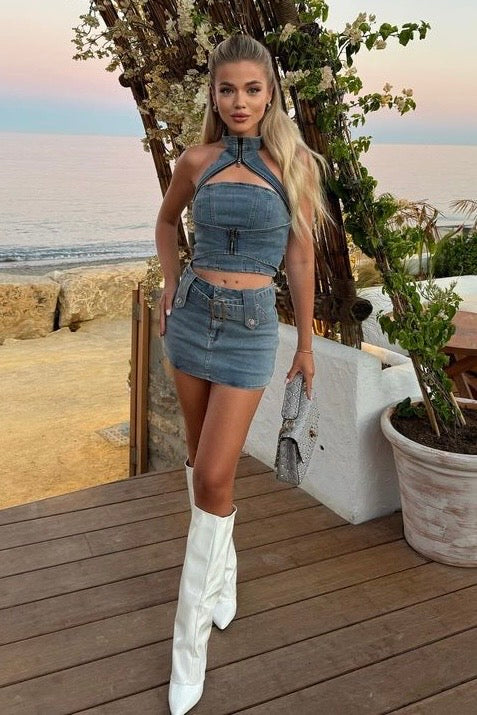 Jessica Bara Nia Denim Halter Top and Mini Skirt Two Piece Set