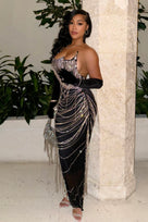Jessica Bara Onyx II Strapless Crystal Fringe Maxi Dress